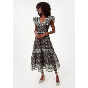 Sea New York Black Marlee Print Flutter Sleeve Dress Midi Smocked Ruffle Size 4